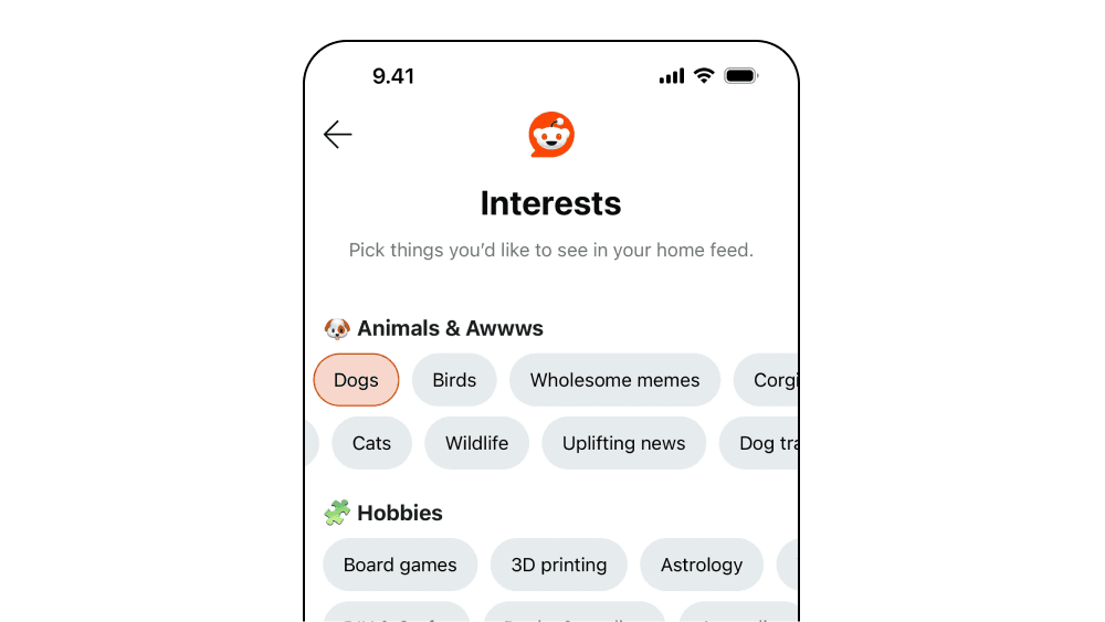 Reddit Onboarding Pills — UI Design example of the Gestalt principle